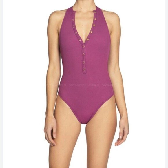 Robin Piccone Amy One-Piece Swimsuit Purple V High  Women’s Size 4 - Picture 12 of 12